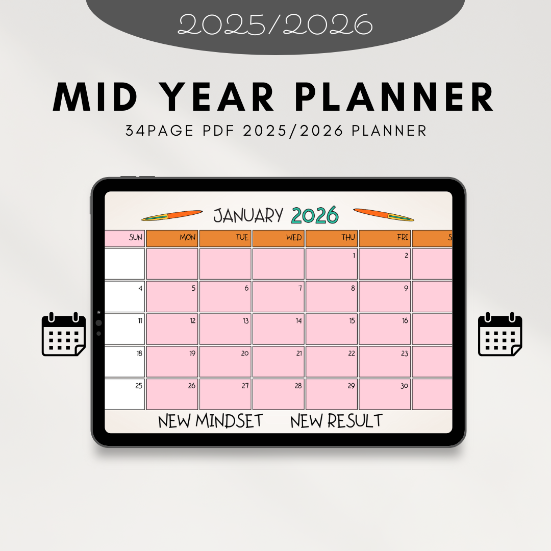 . 2025/2026 Midyear Planner, Academic Year Planner, Weekly Planner, Monthly Calendar, Yearly Planner,